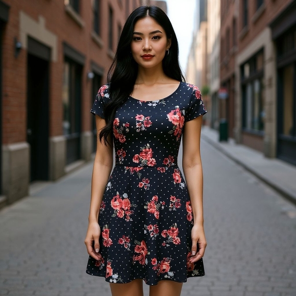 Black Polka Dot Mini Dress with Red Roses Floral Design Size Small - Picture 1 of 14